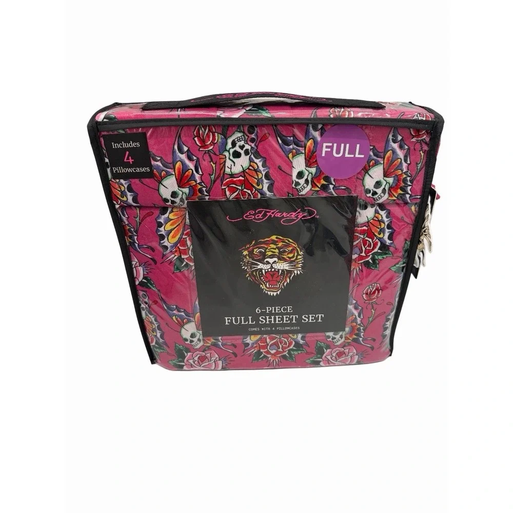 Ed Hardy 6-Piece Full Size Sheet Set Butterfly Skull Bright Pink  Print New